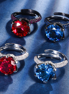 新款高档珠宝宝石镀18K金刚玉圆形黑金经典六爪戒指女12mm饰品