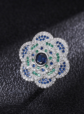 新款高档珠宝宝石戒指彩宝复古蓝宝拼色石闪耀镶钻花蕊女士戒指