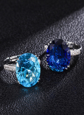 S925银镀18K金镶嵌彩宝珠宝蓝宝石托帕蓝镶钻活口戒子主石13*18