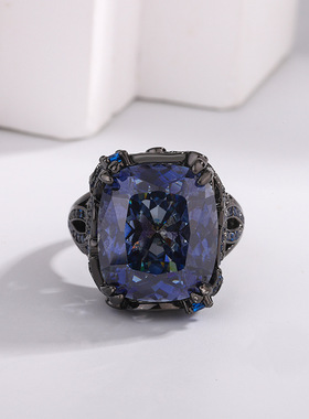 2024新款珠宝S925银镀18K金彩宝刚玉黑金个性戒指女14*16女款首饰