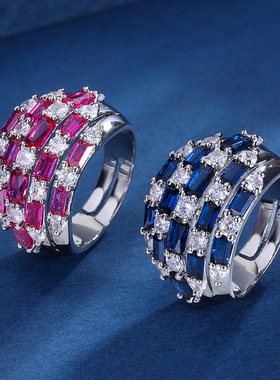 新款高档珠宝镀18K金蓝宝红宝戒指复古风闪耀镶钻女士排戒饰品