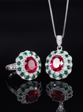 珠宝新款S925银镀18K金镶嵌复古拼色鸽血红宝首饰套装主石8*10
