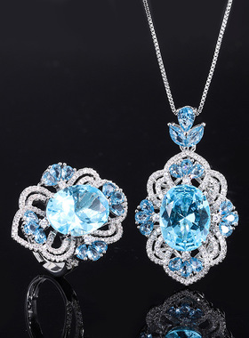 珠宝欧美时尚S925银镀18K金托帕蓝吊坠戒指宫廷风套装主石12*16