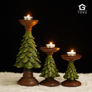 复古圣诞树蜡烛台摆件ins风欧式 饰工艺品树脂烛台 家居客厅桌面装