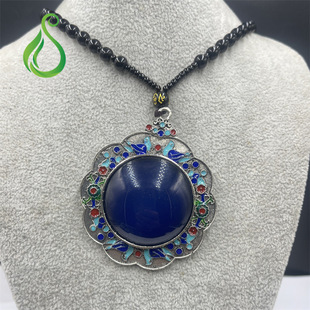 厂家直播货源景泰蓝镶嵌护心石可感温变色猫眼石复古吊坠项链