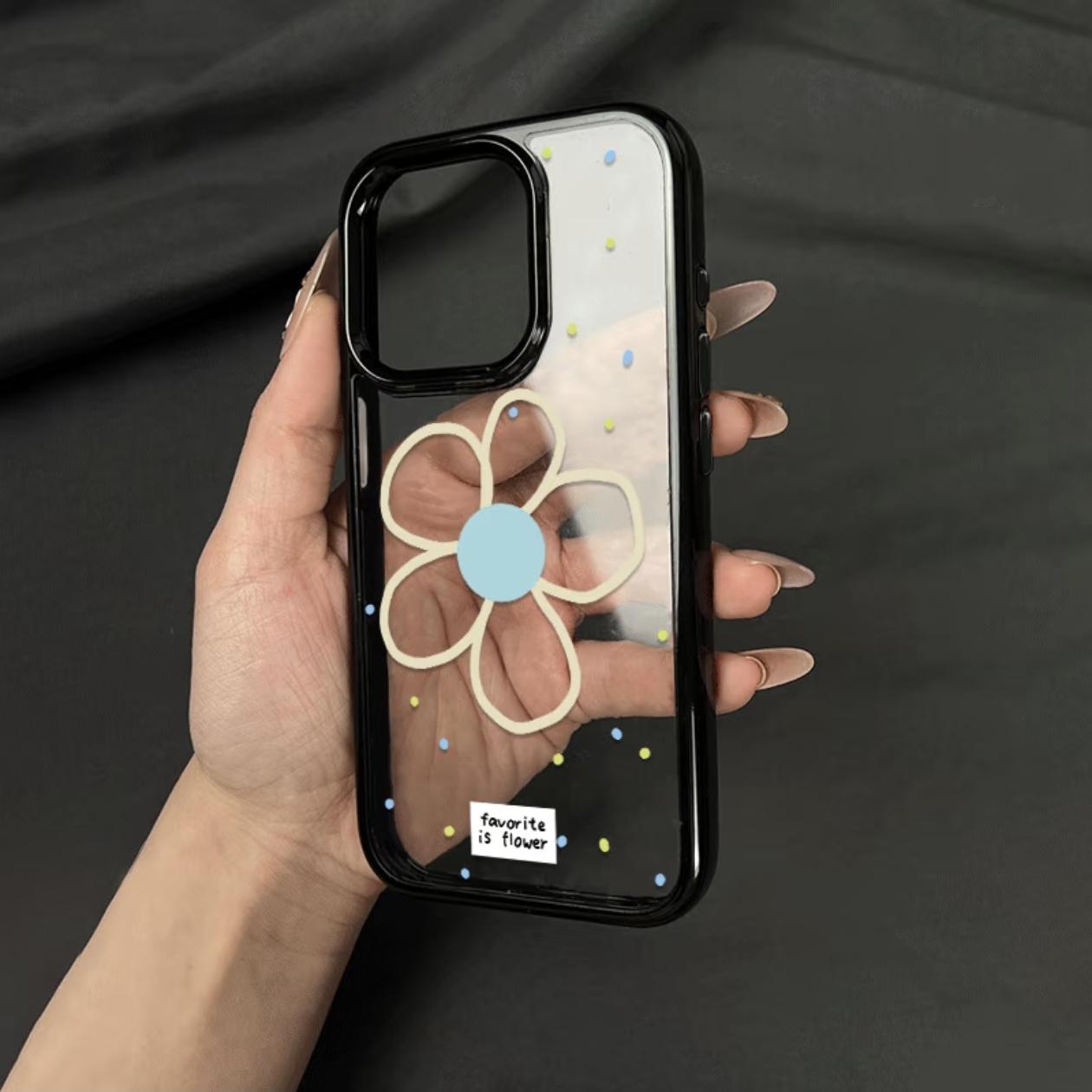 韩系ins简约线条蓝色花朵适用苹果16手机壳iphone15promax新款女14亚克力13防摔保护套15超好看16e全包透明壳