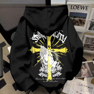 中大童初中学生美式复古十字架印花连帽卫衣男女童秋冬宽松外套潮