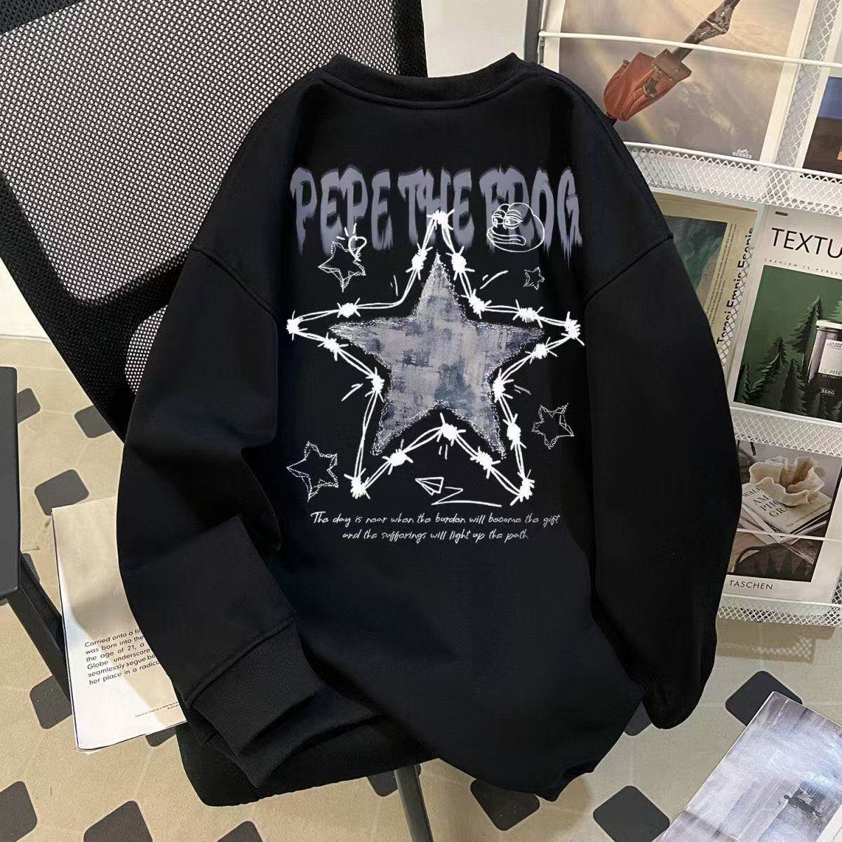 女童洋气设计感星星字母印花宽松圆领套头卫衣秋冬中大童长袖上衣