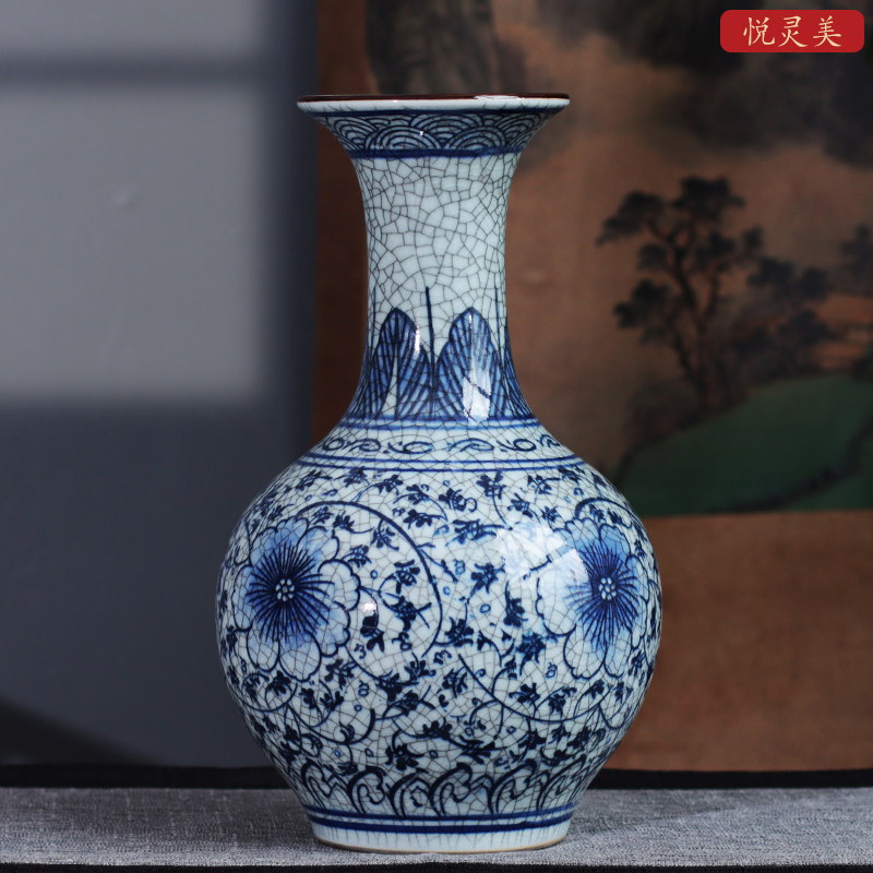 仿古官窑手绘青花裂纹釉陶瓷花瓶景德镇瓷器玄关博古架装饰品摆件