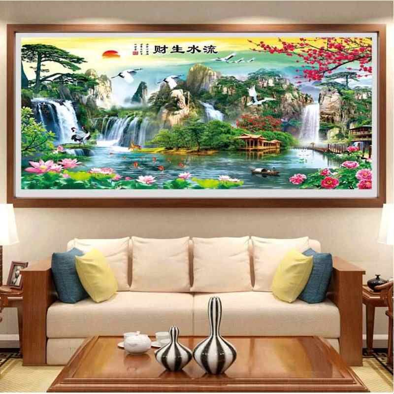 钻石画2025新款贴画八方聚财山水画点满砖石迎客松流水生财十字绣