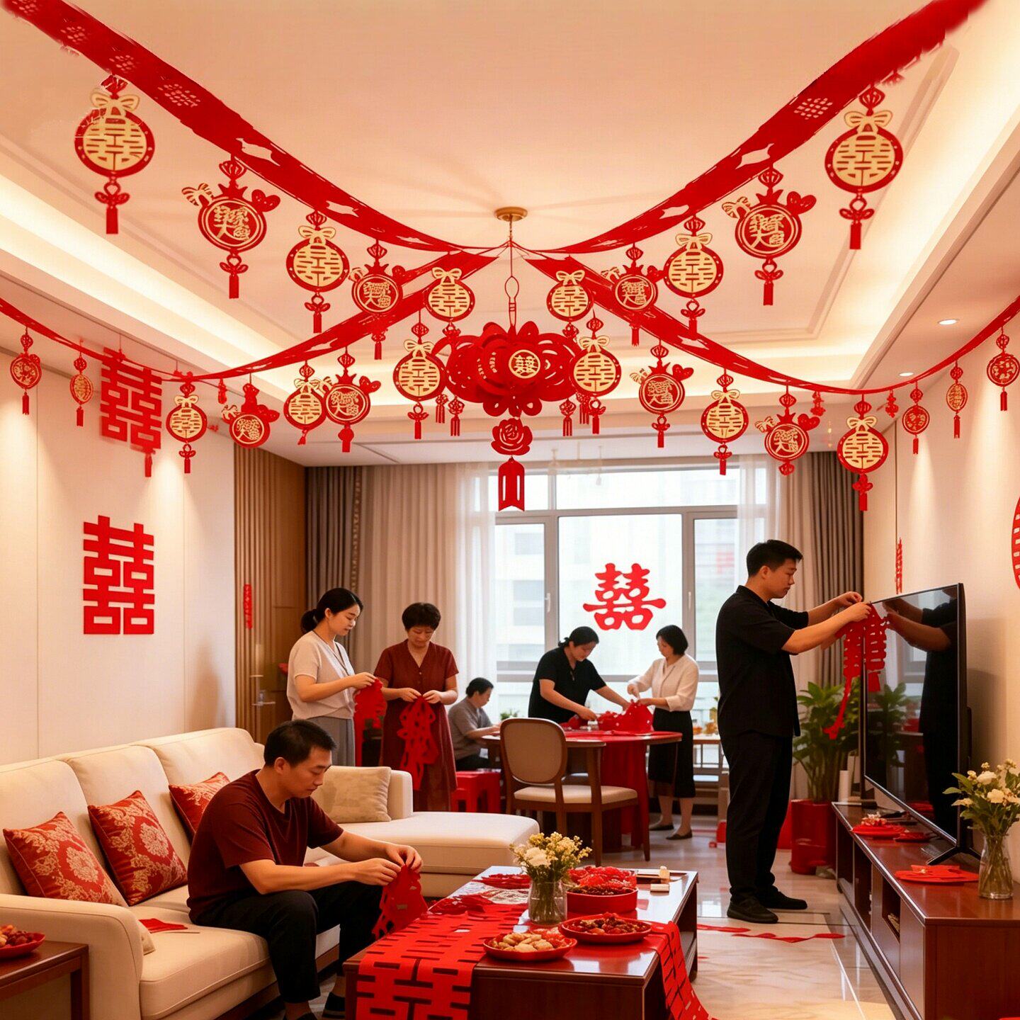 婚房拉花吊顶主卧室女方男方新房彩带条客厅屋顶装饰结婚布置套装