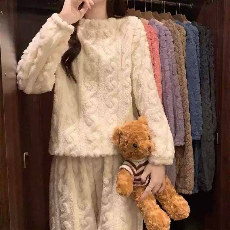 冬季珊瑚绒提花睡衣暖暖套装女套头加厚加绒保暖可外穿休闲家居服