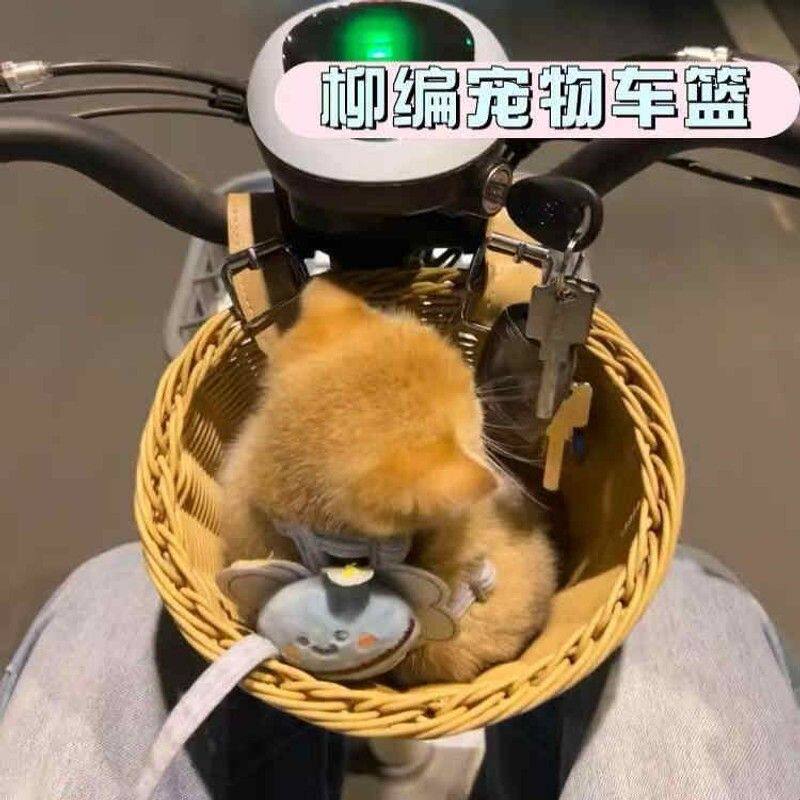宠物车筐狗狗猫咪外出电动车前置车篮儿童自行车车篓前置款藤编篮