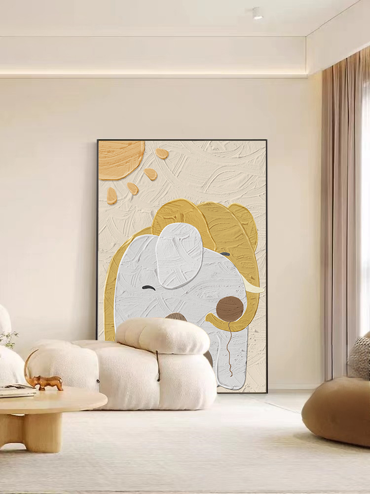 奶油风小象治愈温馨艺术沙发背景墙装饰画高级感客厅挂画落地画图片