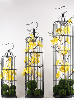 现代中式鸟笼花艺摆件酒店餐厅