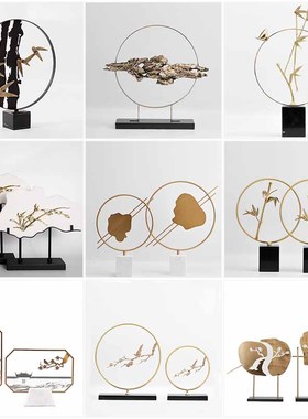 新中式创意几何金边竹子摆件样板间售楼处酒店客厅玄关茶室软装