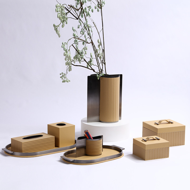 简约现代网纹皮革纸巾盒摆件样板间营销中心酒店办公室洽谈桌摆放