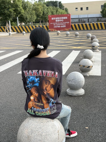 vintage做旧美式复古嘻哈说唱歌手TUPAC长袖T恤图帕克打底2pac