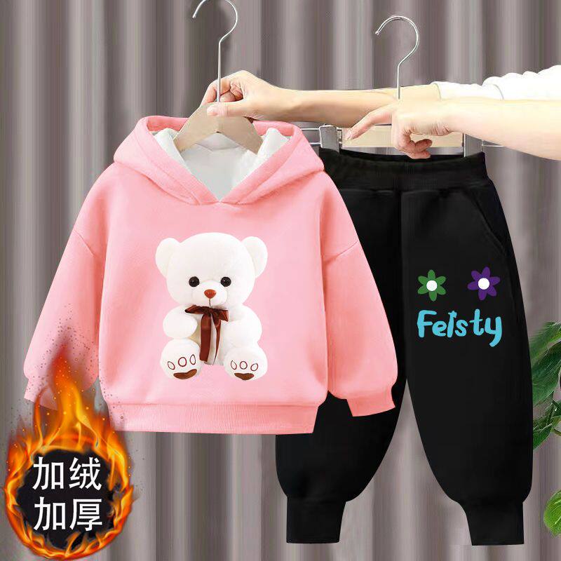 女童秋冬装加绒加厚卫衣套装新款休闲儿童男宝宝连帽卫衣两件套潮