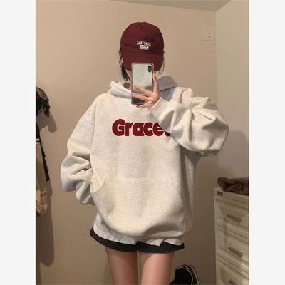 连帽卫衣外套女款2025新款爆款宽松慵懒风秋季字母套头白灰色带帽