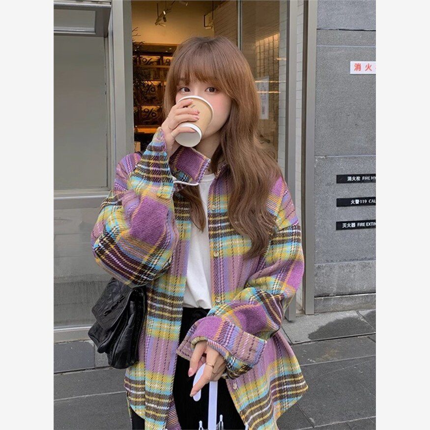 紫色毛呢格子衬衫外套女2025新款秋冬覆古小个子长袖加厚衬衣女款