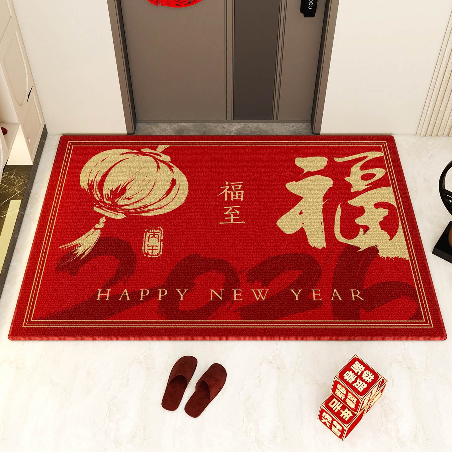 入户门地垫圈绒2026马年新年地毯门口进门除尘脚垫防滑门垫新中式