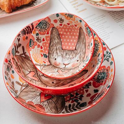 1pc/cute rabbit hand-painted bowl and plate underglaze ceram