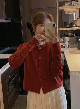 DaDa大鱼复古经典基础麻花毛衣开衫女韩版宽松显瘦软糯针织衫短款