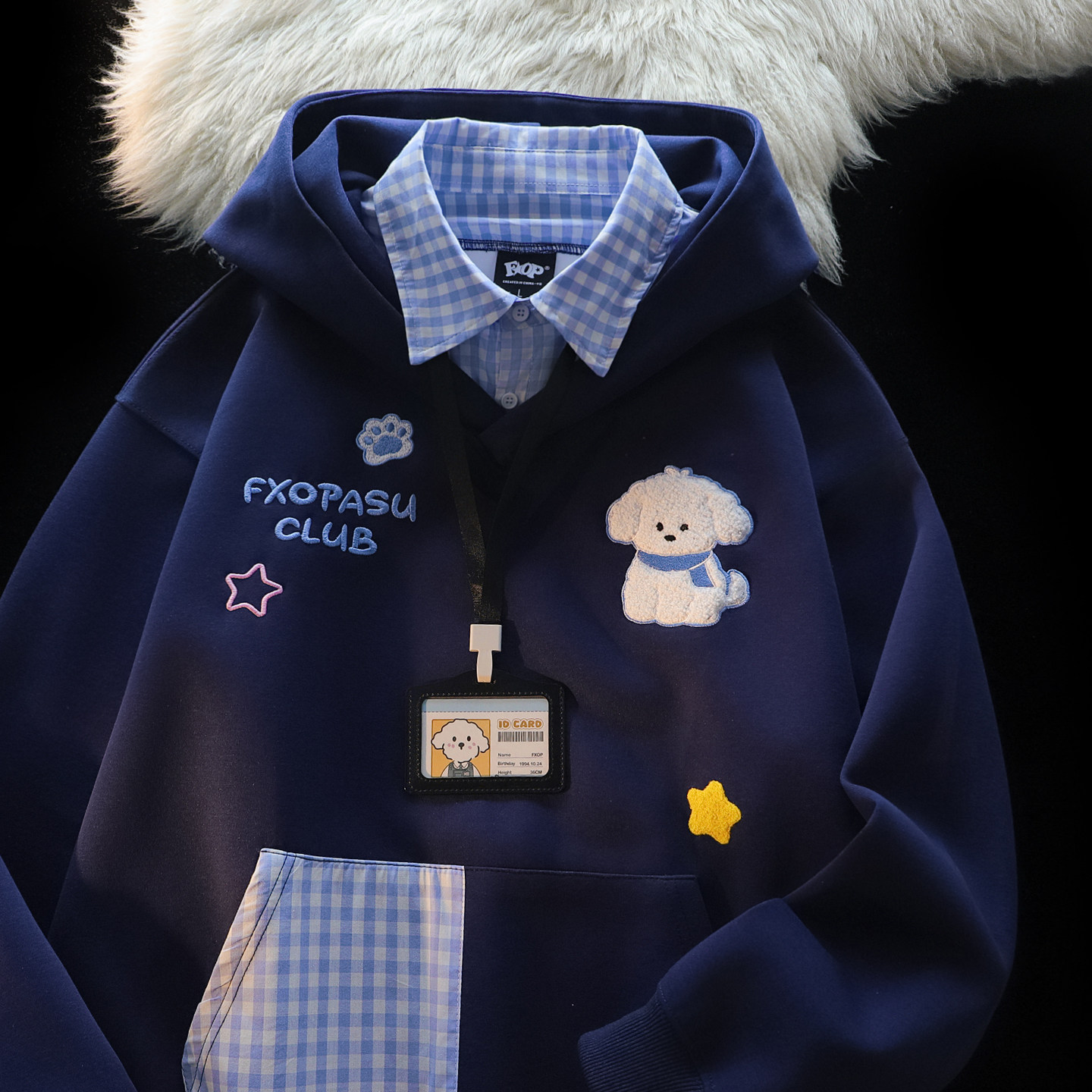American plaid puppy hooded sweatshirt for women, autumn and winter, fleece lined, Korean style, loose and lazy chic, faux two-piece thickened jacket