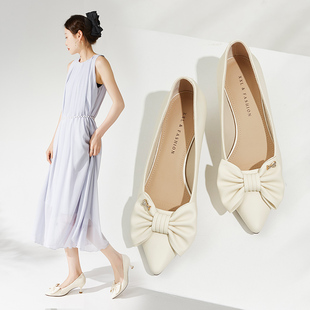 米色鞋子女正品秋季新款仙女风猫跟蝴蝶结高跟鞋女配裙子不累脚