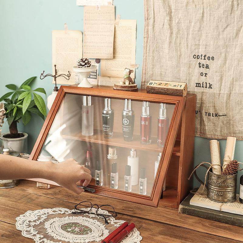 收纳盒桌面化妆品木质复古杯子玻璃置物架展示柜防尘香水桌上实木
