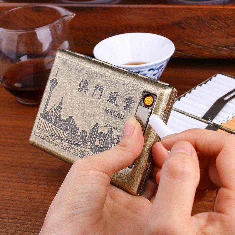 打火机金属20支装烟盒烟带usb充电贵派9029澳门风云青铜凝花夹