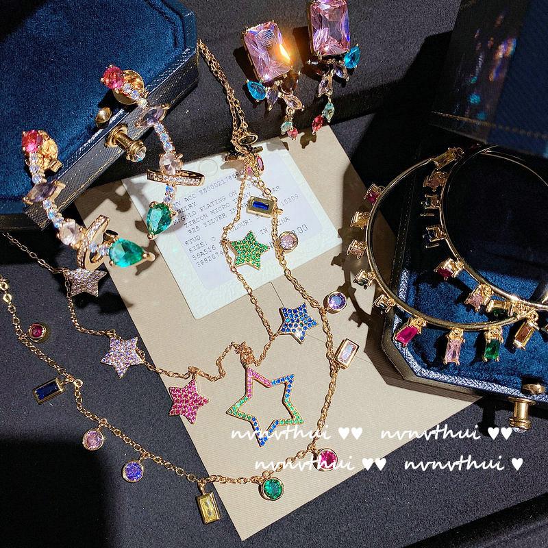 项链宝石彩虹流苏锆石18k彩镀金宝星星颈链油画设计师几何叠戴链