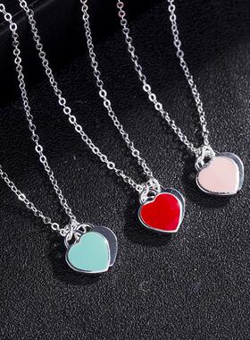 项链纯银爱心双锁骨链吊坠t珐琅女家s925/925礼物心形蓝色桃心节