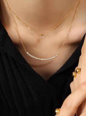 项链锁骨双层微笑链女叠戴颈链高级小众纯银锆石感新款笑脸欧美钻