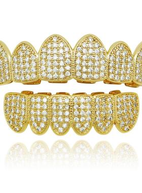 嘻哈牙套hiphop金欧美说唱满镶钻石牙镶钻牙齿小丑微锆石grillz大