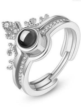 戒指皇冠投影二合一100女礼物纯银种语言s925指环我爱节你情人抖