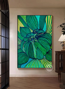 现代轻奢抽象绿色线条花朵挂画大气客厅餐厅装饰画入户玄关壁画