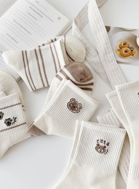 白色袜子女中筒袜ins潮百搭秋冬可爱卡通四季吸汗防臭中筒袜