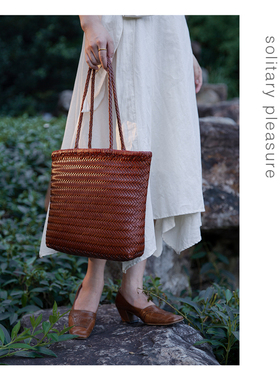 法式小众手工编织包女夏季手提小托特包真皮单肩包通勤简约tote包