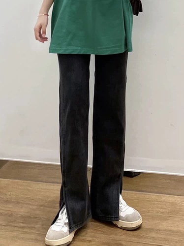 Демисезонные приталенные прямые свободные джинсы, для формы тела «груша», большой размер, высокая талия