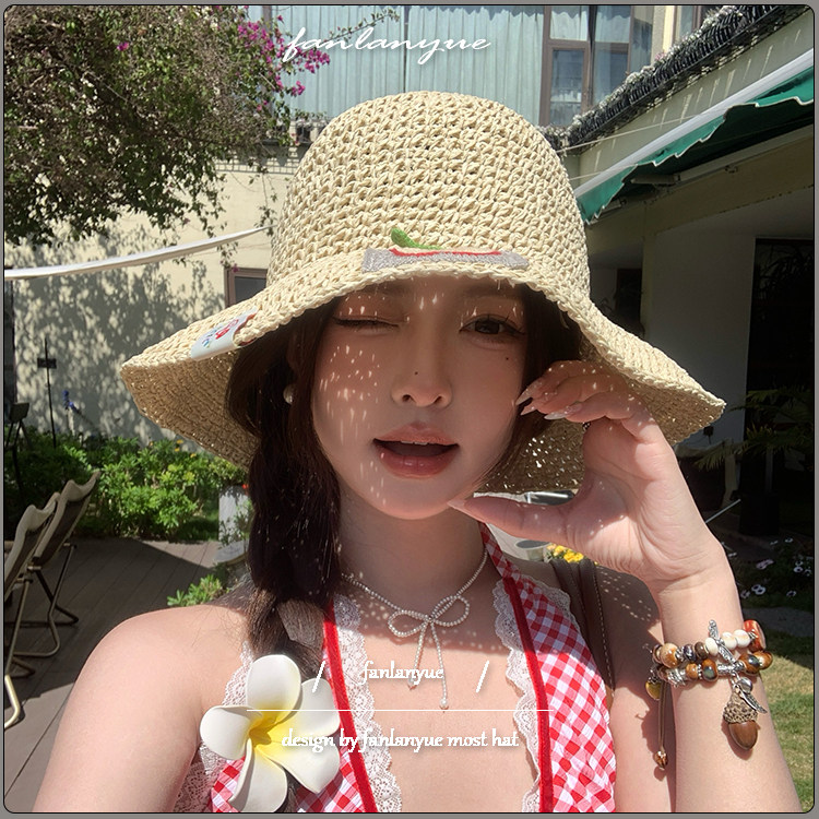 草帽女夏季甜美可爱苹果贴布海边沙滩渔夫帽大檐遮阳防晒太阳帽子