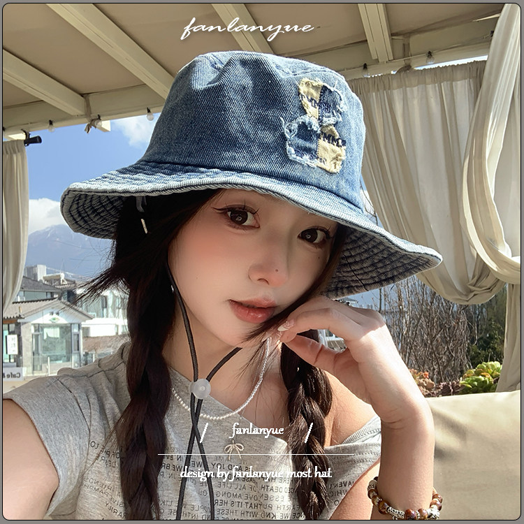 牛仔渔夫帽女春夏日系简约可爱小熊盆帽遮阳防晒帽大头围素颜帽子