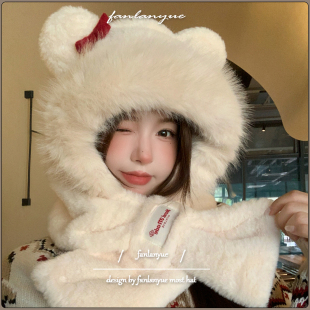 可爱小熊耳朵毛绒帽子围巾一体女冬季 保暖护耳防风防寒滑雪雷锋帽