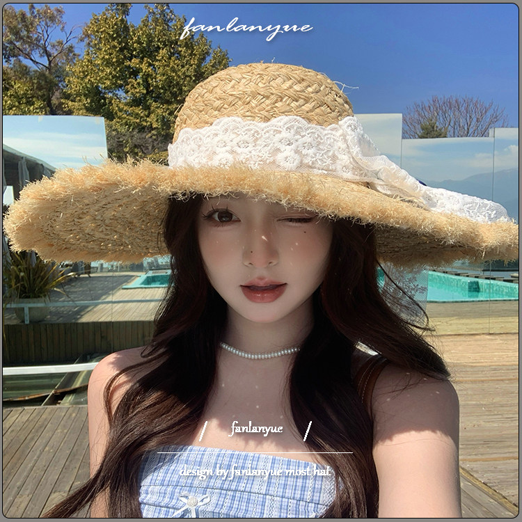拉菲草帽女夏大檐蕾丝蝴蝶结海边出游沙滩度假遮阳防晒帽太阳帽子
