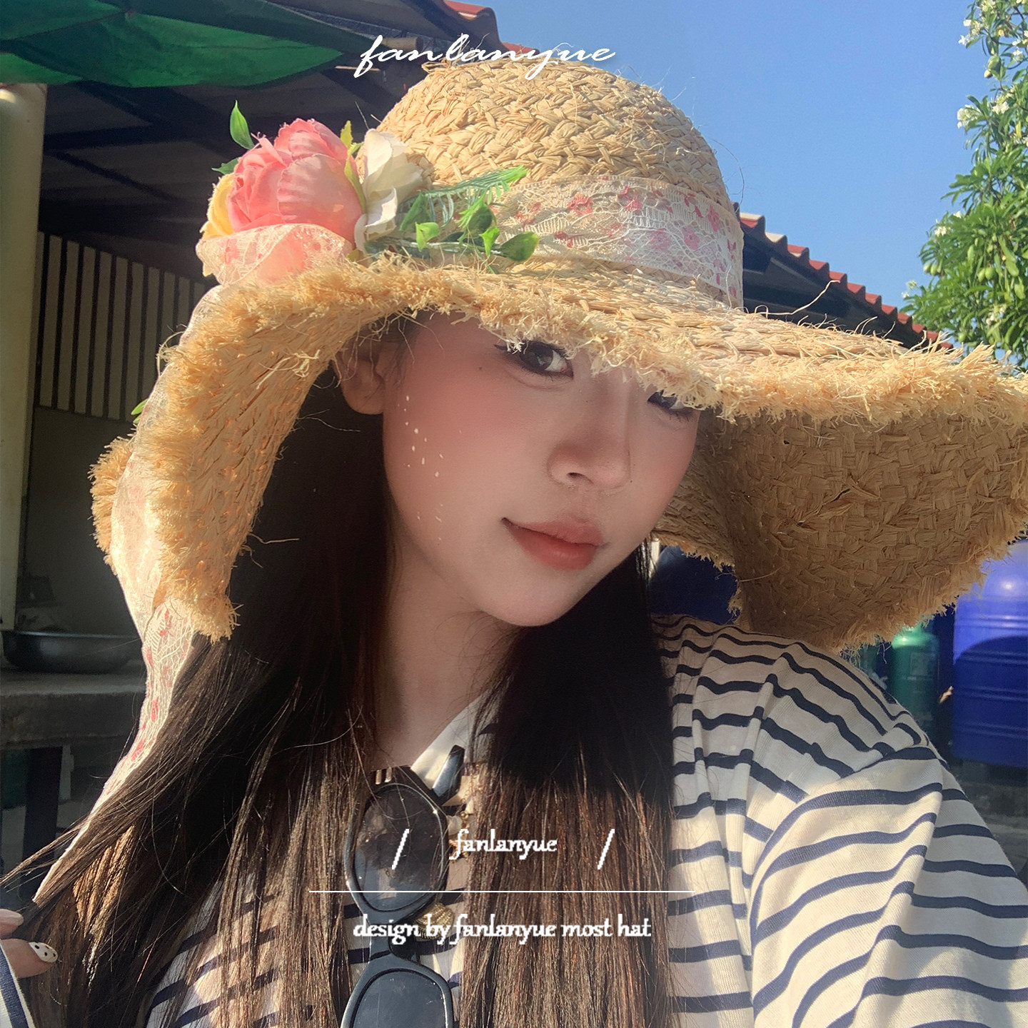 拉菲草帽女夏季海边度假大帽檐防晒遮阳帽圆顶法式花朵沙滩太阳帽