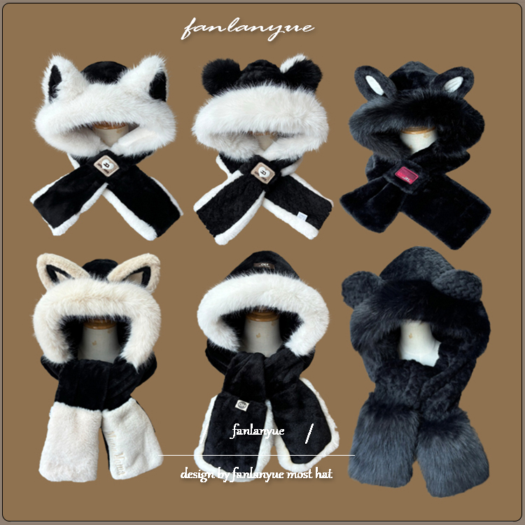 黑色狐狸耳朵毛绒帽子围巾一体女冬季保暖护耳情侣防寒学生雷锋帽