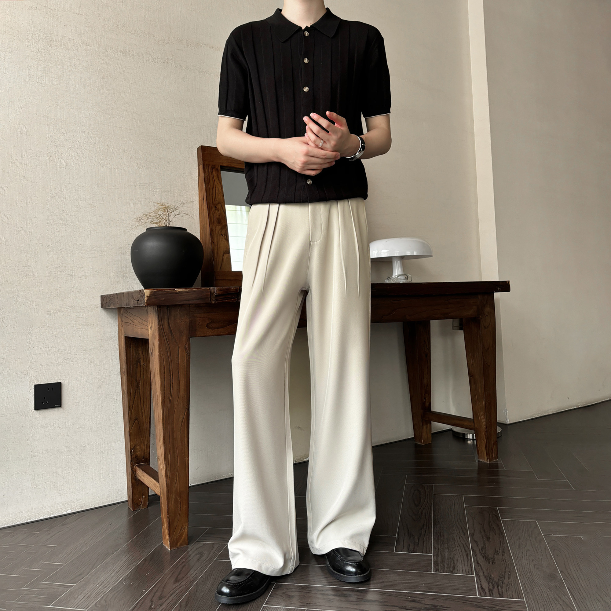 LNED7【双压褶设计】春夏季高品质杏色三本针A字直筒宽松垂感西裤