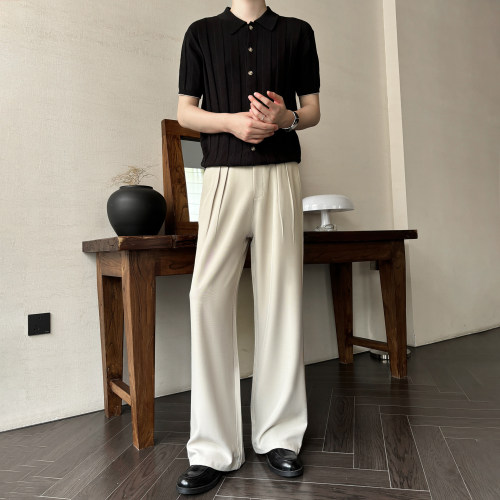 杏色三本针A字直筒宽松垂感西裤