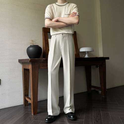 夏季直筒小微喇垂感杏色休闲西裤